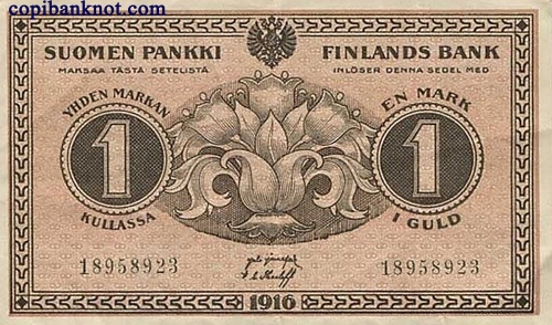 Финляндия. Казначейский билет 1916 г. 1 марка золотом.